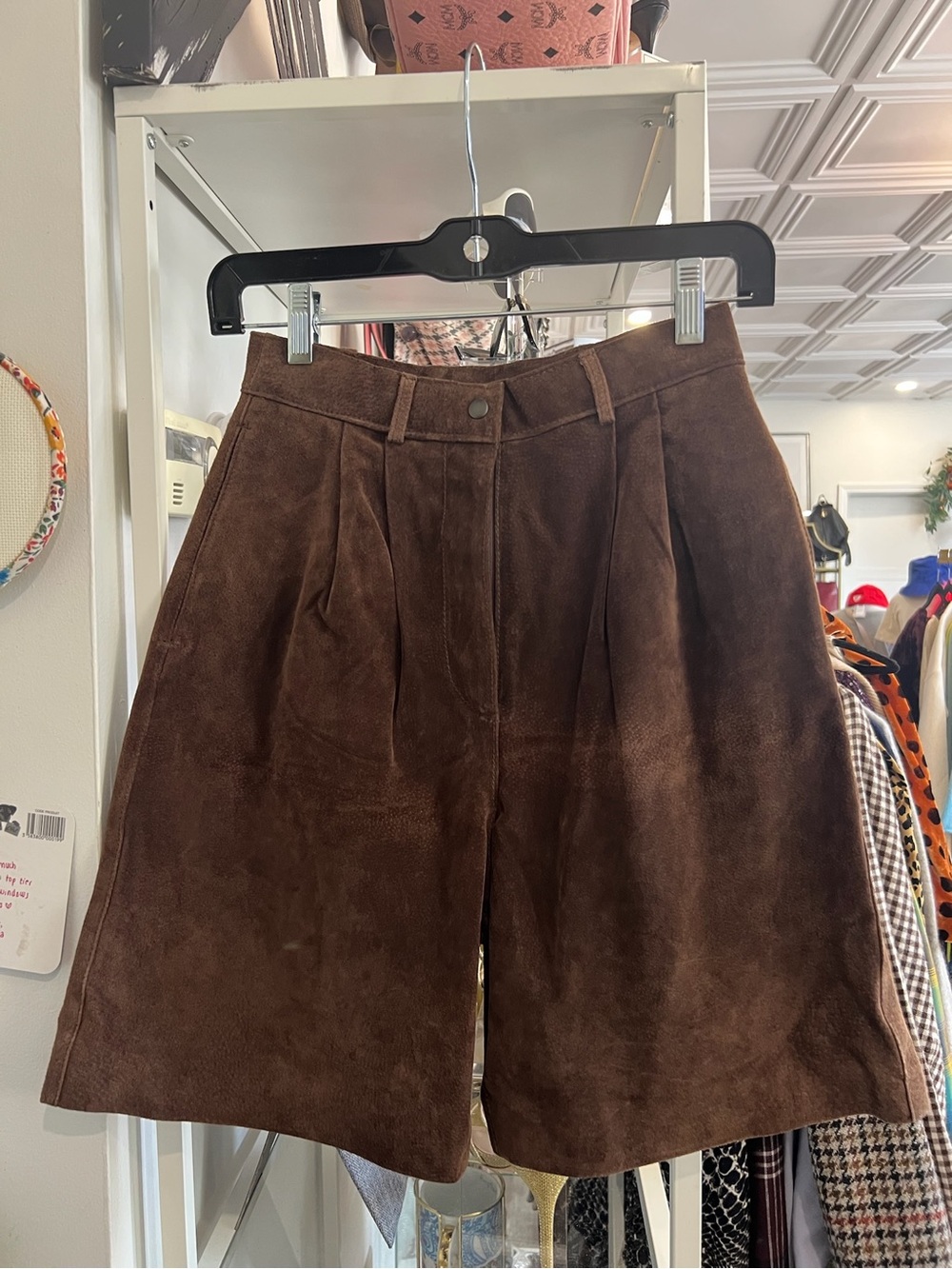 Vintage Dark Brown Suede Bermuda Shorts - Tailored High-Waist Style
